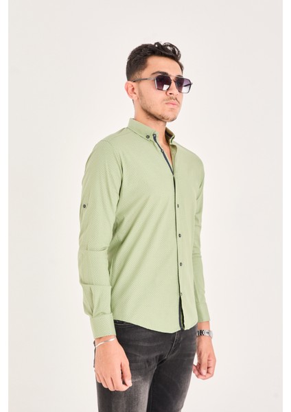Puantiye Baskılı Poplin Pamuk Likra Slim Fit Erkek Gömlek fırsatları