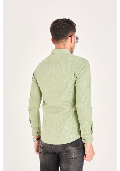 Puantiye Baskılı Poplin Pamuk Likra Slim Fit Erkek Gömlek indirimleri