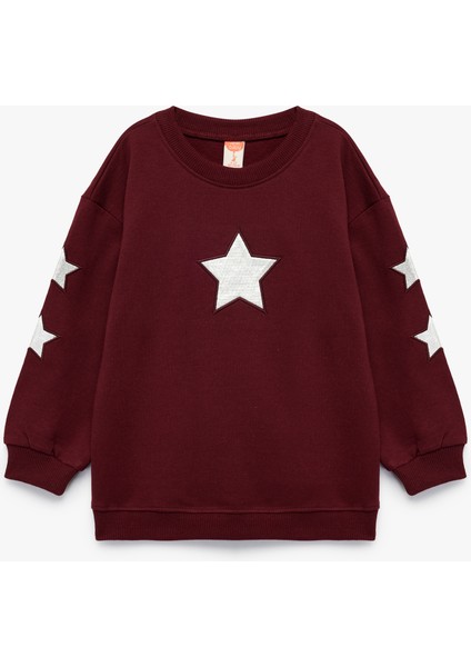 Pamuklu Bisiklet Yaka Şardonlu Pullu Yıldız Işlemeli Sweatshirt