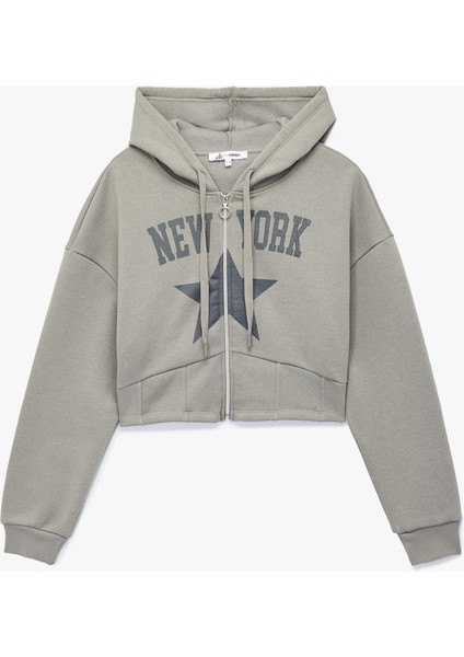 Uzun Kollu Kapüşonlu Şardonlu Yıldız Baskılı Fermuarlı Crop Sweatshirt