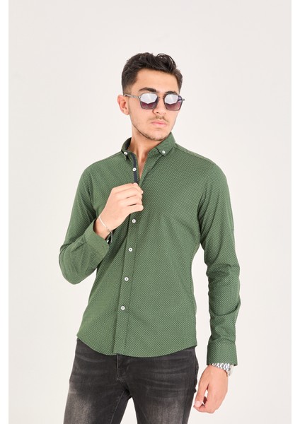 Puantiye Baskılı Poplin Pamuk Likra Slim Fit Erkek Gömlek