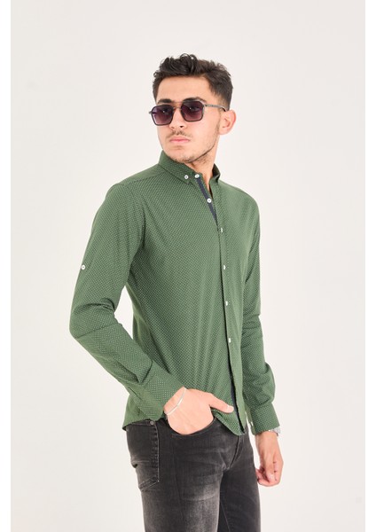 Puantiye Baskılı Poplin Pamuk Likra Slim Fit Erkek Gömlek modelleri