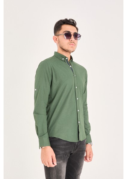 Puantiye Baskılı Poplin Pamuk Likra Slim Fit Erkek Gömlek fırsatları