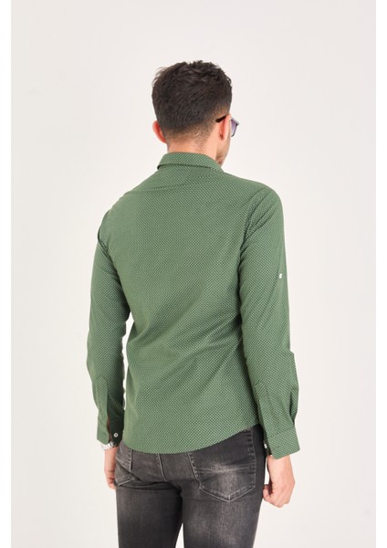 Puantiye Baskılı Poplin Pamuk Likra Slim Fit Erkek Gömlek indirimleri