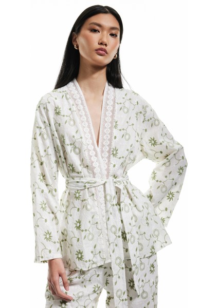 Pamuklu Floral Işlemeli Fisto Kruvaze Oversize Kimono Ceket fiyatları