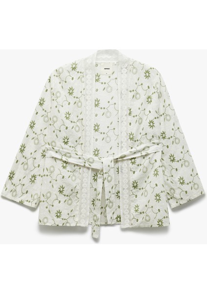 Pamuklu Floral Işlemeli Fisto Kruvaze Oversize Kimono Ceket fırsatları