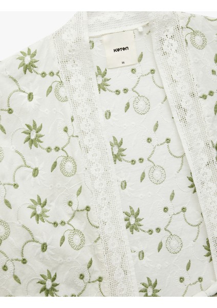 Pamuklu Floral Işlemeli Fisto Kruvaze Oversize Kimono Ceket