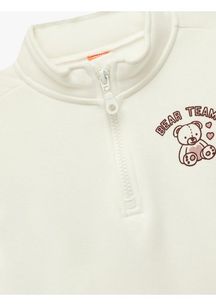 Uzun Kollu Şardonlu Yarım Fermuarlı Ayıcık Baskılı Sweatshirt modelleri