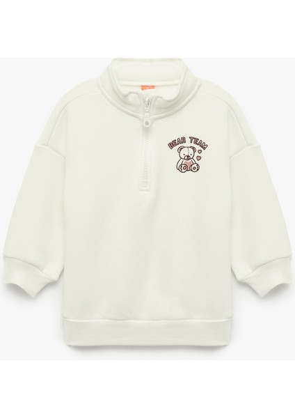 Uzun Kollu Şardonlu Yarım Fermuarlı Ayıcık Baskılı Sweatshirt