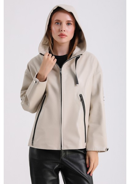 Gaga Kadın Kapüşonlu Deri Mont