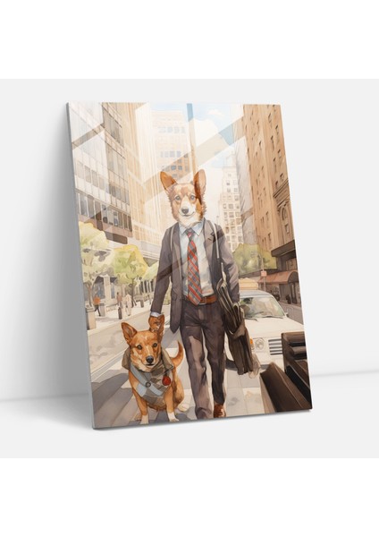 Sevimli Suluboya Cam Tablo - Takım Elbiseli Köpek - Insanlar Gibi Giyinmiş Hayvanlar Cam Sanatı Duvar Dekorasyonu