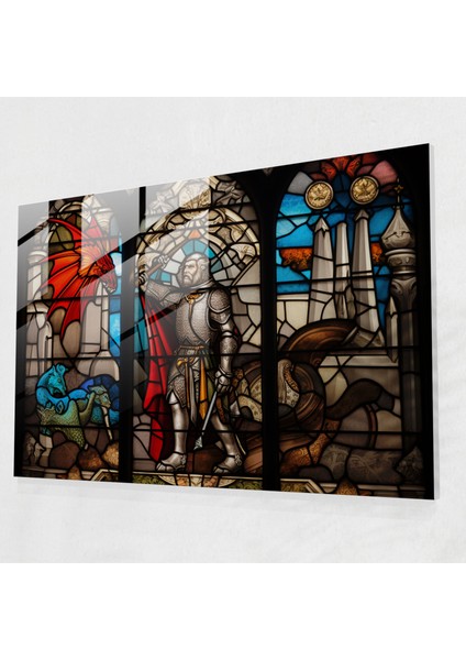 Ortaçağ Desenli Cam Tablo - Ortaçağ Duvar Dekorasyonu Cam Sanatı Şövalye