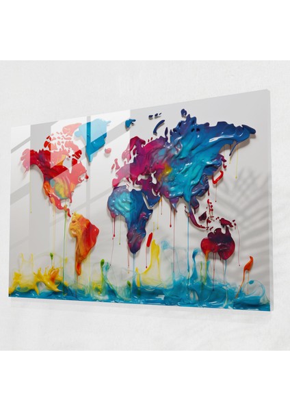 Pop Art Dünya Haritası Cam Tablo - Dünya Haritası 2 Cesur Renkler Cam Sanatı Pop Art
