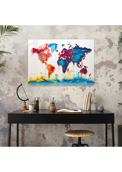 Pop Art Dünya Haritası Cam Tablo - Dünya Haritası 2 Cesur Renkler Cam Sanatı Pop Art fiyatları