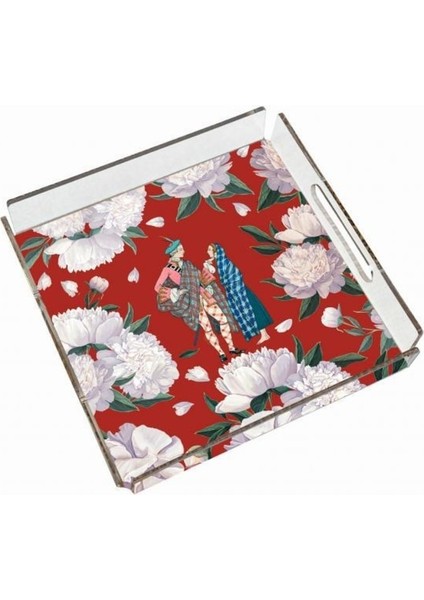 Red - White Rose Pleksi Tepsi - 25X25CM