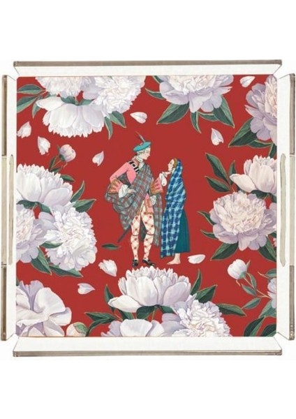 Red - White Rose Pleksi Tepsi - 25X25CM fiyatları