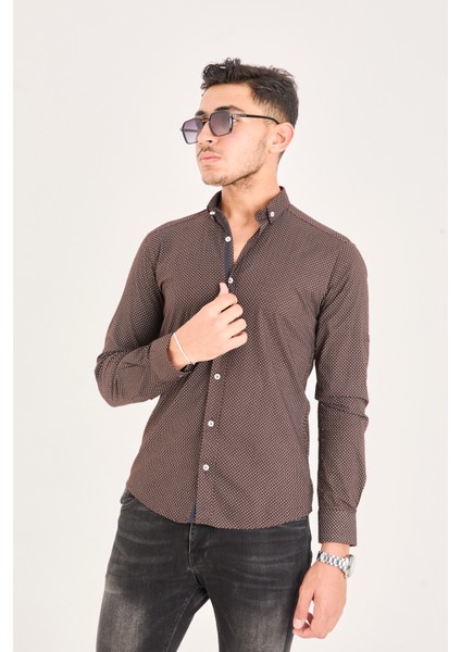 Puantiye Baskılı Poplin Pamuk Likra Slim Fit Erkek Gömlek fiyatları