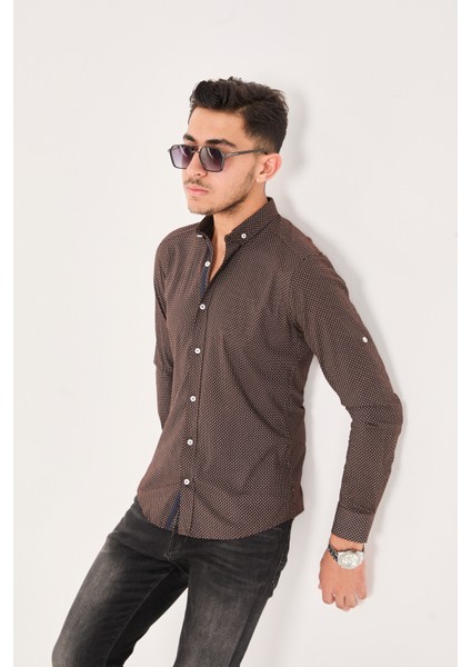Puantiye Baskılı Poplin Pamuk Likra Slim Fit Erkek Gömlek modelleri