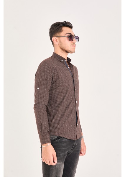 Puantiye Baskılı Poplin Pamuk Likra Slim Fit Erkek Gömlek fırsatları