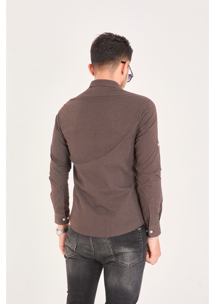 Puantiye Baskılı Poplin Pamuk Likra Slim Fit Erkek Gömlek indirimleri