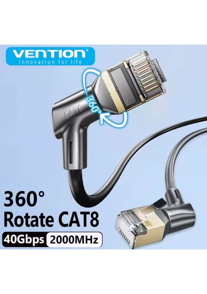 1-Metre Cat8 Ethernet Kablosu 40 Gpbs+5G+2000 Mhz. 360° Dönebilen Tasarım RJ45 Altın Konnektör CE Lisanslı Sağlam Kablo Orjinal