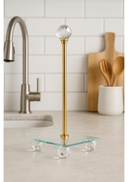 Kristal Ayaklı Cam Tabanlı Altın Renk Kağıt Havluluk - Mutfak ve Sofra Dekoru Kare Model