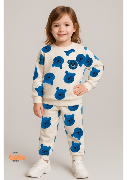 Kız Çocuk 2’li Alt Üst Takım,bisiklet Yaka Ayıcık Desenli Sweatshirt ve Eşofman Altı Günlük Giyim