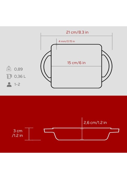Döküm Dikdörtgen Sahan Döküm Demir Yekpare Çift Kulplu Ölçü 12X15CM.-BORDO indirimleri