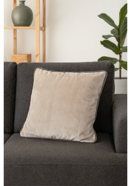 Biyeli Kadife Kırlent Kılıfı Bej Lacivert 50X50