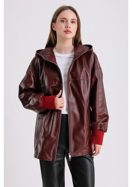Alicia Kadın Kapüşonlu Deri Mont modelleri