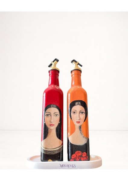 El Yapımı Sanatsal Yağdanlık Seti, Kadın Portreli Cam Şişe Tasarımı, Sirkelik & Sosluk