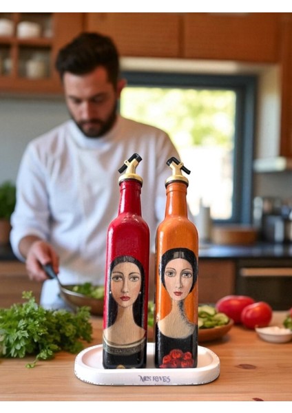 El Yapımı Sanatsal Yağdanlık Seti, Kadın Portreli Cam Şişe Tasarımı, Sirkelik & Sosluk fiyatları