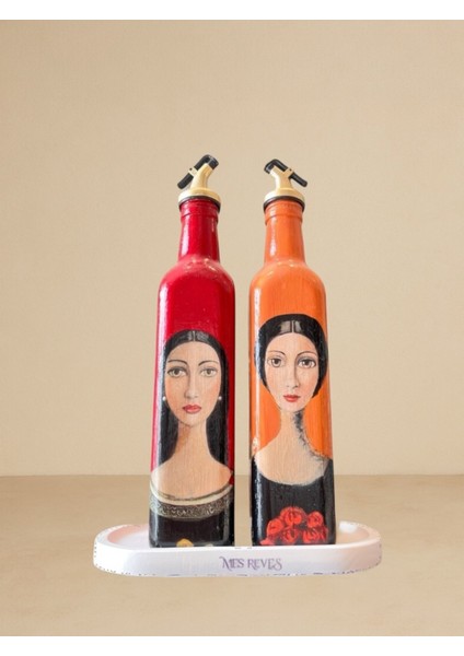 El Yapımı Sanatsal Yağdanlık Seti, Kadın Portreli Cam Şişe Tasarımı, Sirkelik & Sosluk modelleri