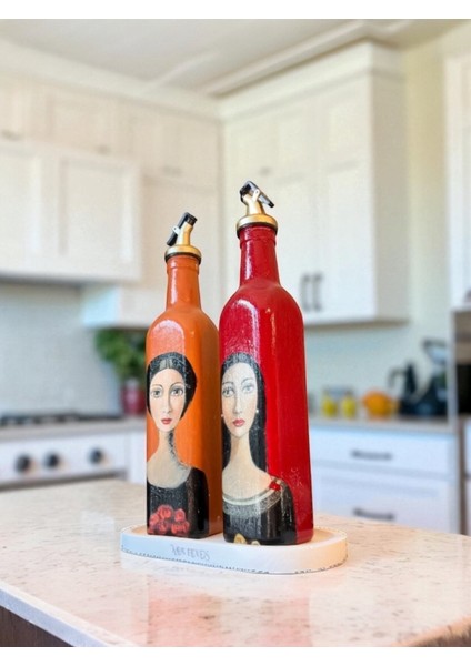 El Yapımı Sanatsal Yağdanlık Seti, Kadın Portreli Cam Şişe Tasarımı, Sirkelik & Sosluk fırsatları