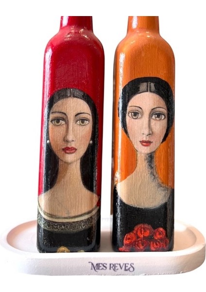 El Yapımı Sanatsal Yağdanlık Seti, Kadın Portreli Cam Şişe Tasarımı, Sirkelik & Sosluk indirimleri