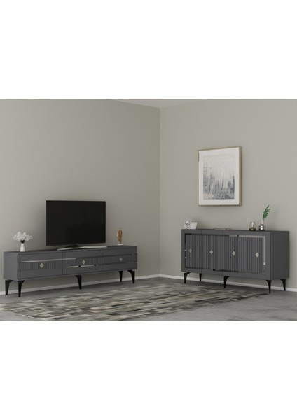 Novva Tv Sehpası (Alt Modül) ve Konsol 2'li Salon Takımı Antrasit-Gümüş