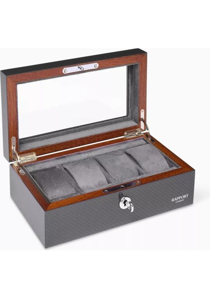 Optic Karbon Fiber 4’lü Saat Kutusu, Gri, Cam Kapaklı Lüks Tasarım