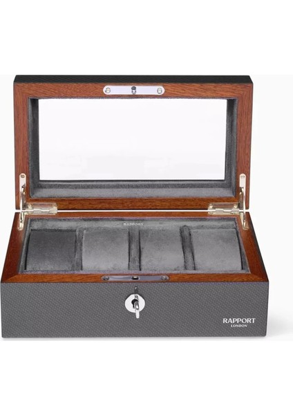 Optic Karbon Fiber 4’lü Saat Kutusu, Gri, Cam Kapaklı Lüks Tasarım modelleri