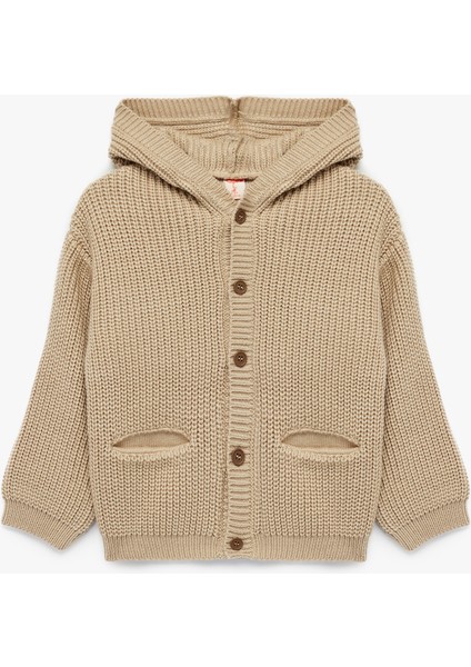 Uzun Kollu Düğmeli Cep Detaylı Kapüşonlu Triko Hırka