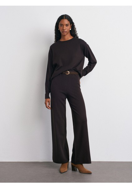 70163 Beli Lastikli Yünlü Triko Pantolon-Koyu Kahve