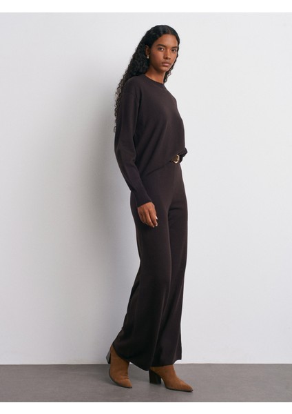 70163 Beli Lastikli Yünlü Triko Pantolon-Koyu Kahve modelleri