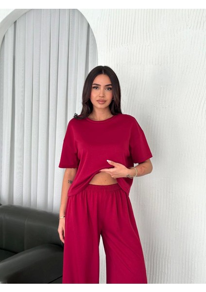Osy Modal Yumuşak Dokulu Kumaş Bisiklet Yaka T-Shirt Bol Paça Pantalon Ikili Takım -Bordo fiyatları