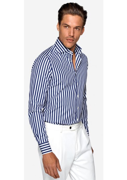 Erkek Lacivert Çizgili %100 Pamuk Saten Kolay Ütülenebilir Modern Fit Uzun Kollu Cepsiz Gömlek