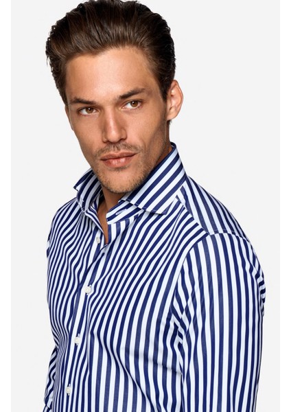 Erkek Lacivert Çizgili %100 Pamuk Saten Kolay Ütülenebilir Modern Fit Uzun Kollu Cepsiz Gömlek fiyatları