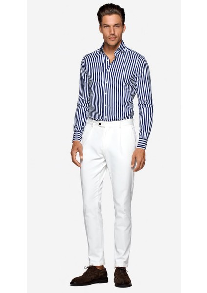 Erkek Lacivert Çizgili %100 Pamuk Saten Kolay Ütülenebilir Modern Fit Uzun Kollu Cepsiz Gömlek modelleri