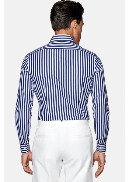 Erkek Lacivert Çizgili %100 Pamuk Saten Kolay Ütülenebilir Modern Fit Uzun Kollu Cepsiz Gömlek indirimleri