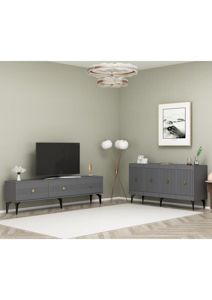Middas 180 cm Tv Sehpası (Alt Modül) ve 4 Kapaklı Konsol Antrasit-Altın