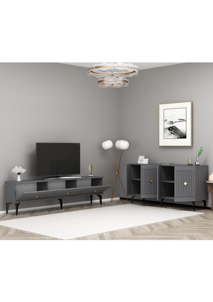 Middas 180 cm Tv Sehpası (Alt Modül) ve 4 Kapaklı Konsol Antrasit-Altın fiyatları