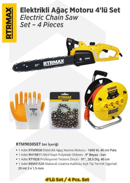 RTM9030SET Elektrikli Ağaç Kesme Motoru 4'lü Set -Eldiven-Testere Zinciri-Makaralı Uzatma Kablosu
