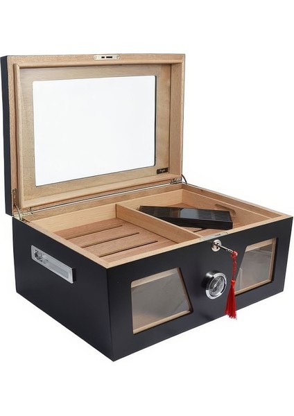 Siyah 2 Katlı Camlı Humidor Puro Kutusu RC21 fırsatları